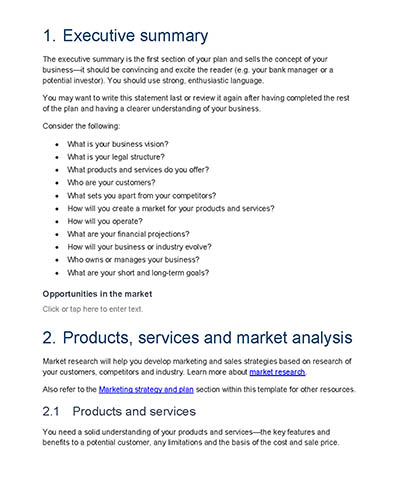 business plan sample australia